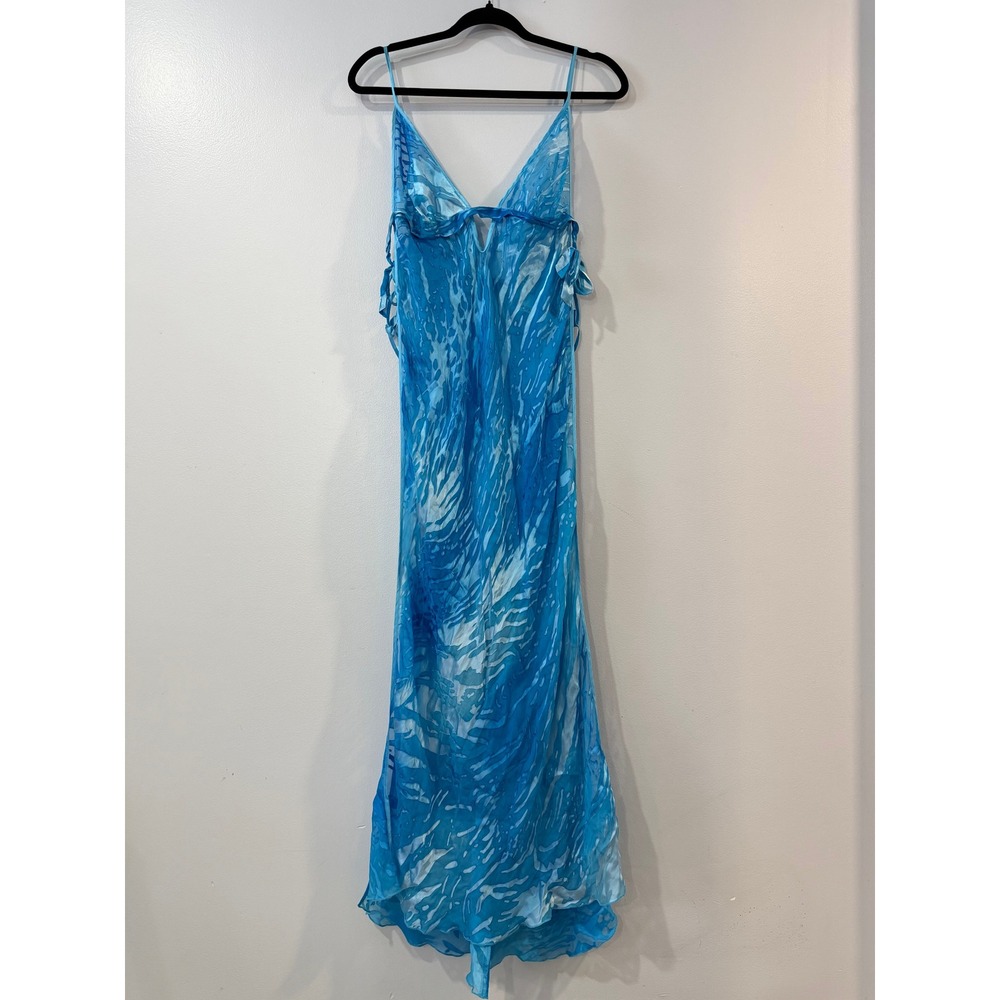 Shirley of Hollywood Silk Blend Blue Water Burnout Maxi Gown Lingerie Large